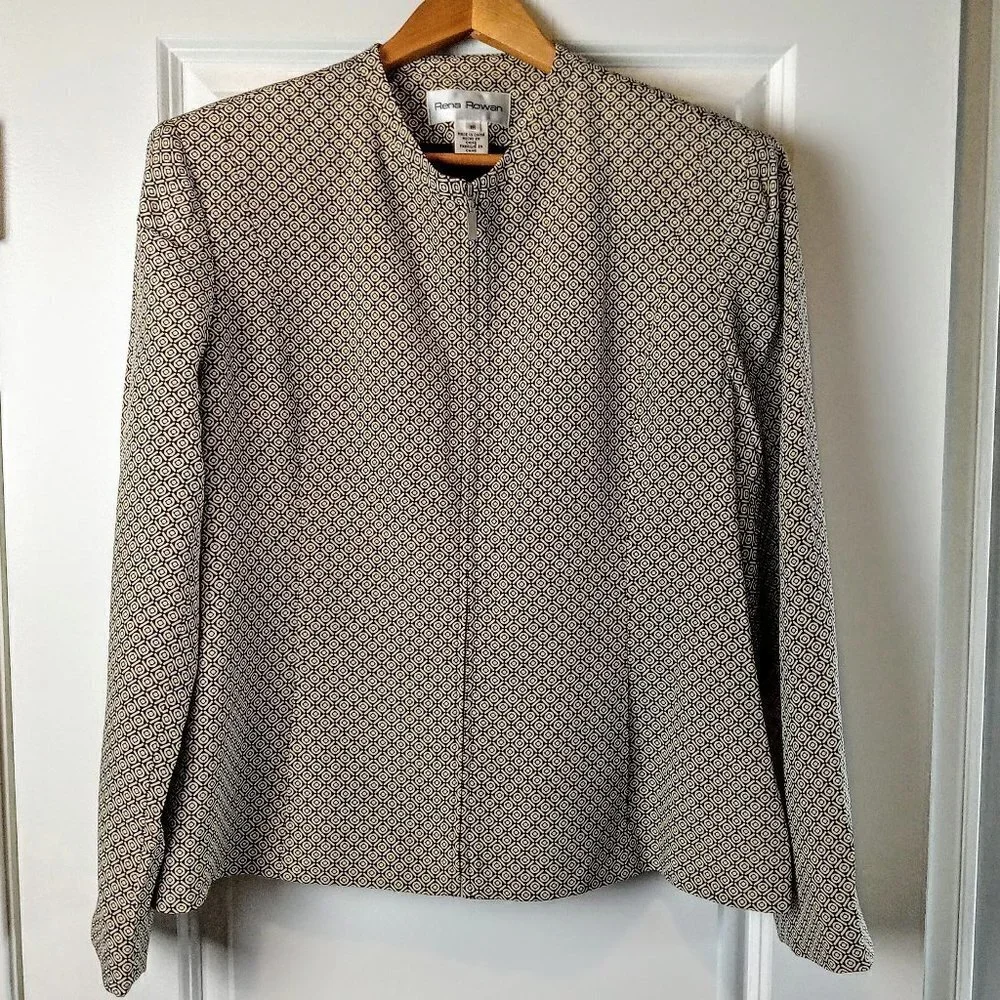 Vintage Rena Rowen Beige Brown Silk Zip Jacket